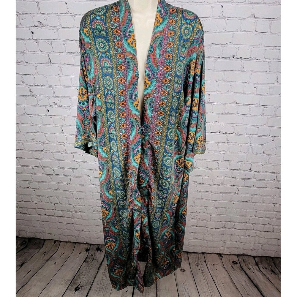 NWT LARA Ethnics Multicolor Floral Saska Oyster Blue Long Kimono Robe Size TU